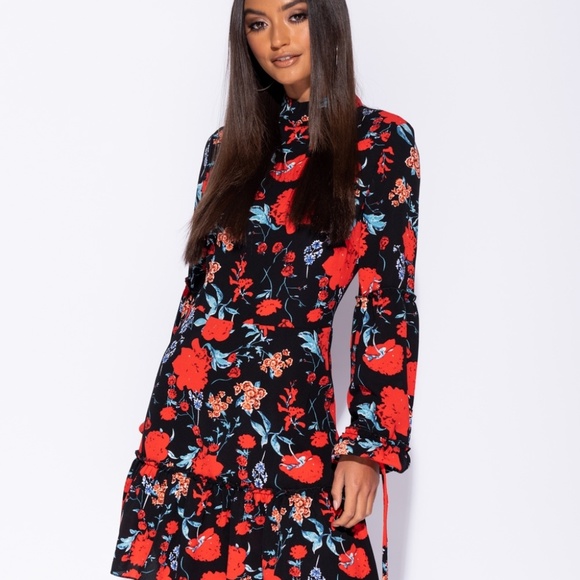 Floral High Neck Frill Hem Tie Sleeve Mini Dress - Picture 1 of 7